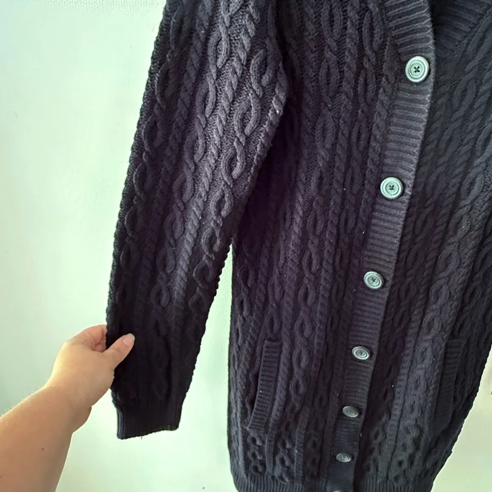 Denim & Co Cardigan Sweater Womens Medium Black Cable Knit Longline Fisherman